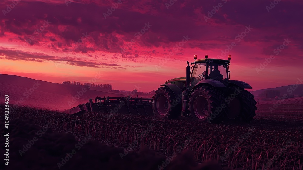 Fototapeta premium Majestic Tractor Plowing Land at Dusk