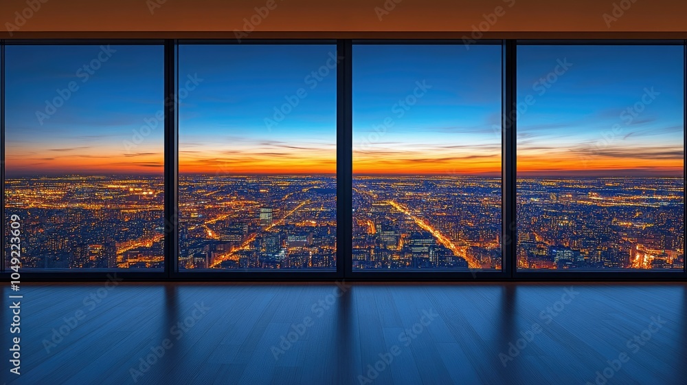 Fototapeta premium Stunning City Skyline at Dusk from Modern Interior