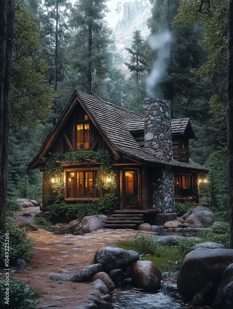 Charming rustic cabin nestled in a serene forest, perfect for wall art, posters, wallpapers, or nature-themed decorations, evoking tranquility and adventure. Charming rustic cabin nestled in a serene forest, perfect for wall art, posters, wallpapers, or nature-themed decorations, evoking tranquility and adventure.
