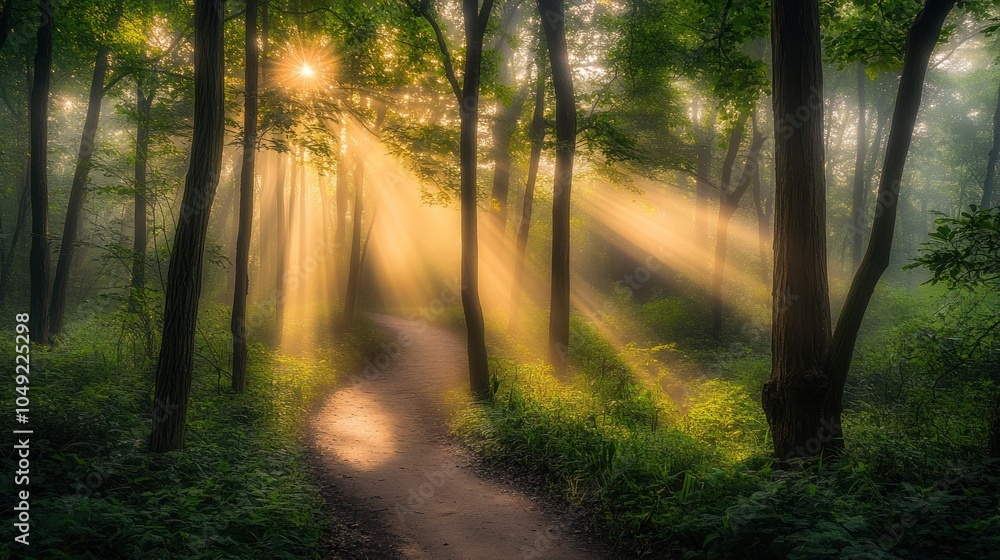 Obraz premium A sunlit path winds through a misty forest, with beams of light piercing the canopy.