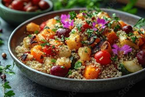 Colorful quinoa salad with roasted vegetables and edible flowers in a bowl