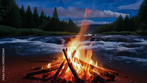 campfire river looping backgroundnight animation video 4k time-lapse virtual Seamless jungle adventure camp nature landscape lake forest tree summer illustration fire travel scenery wild tour tourism photo