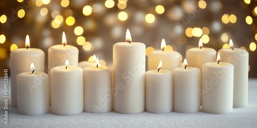 A minimalistic arrangement of white candles with flames, set against a blurred bokeh background of warm lights