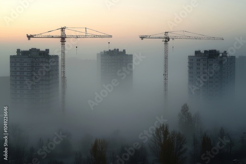 Construction Cranes and Apartment Buildings Obscured by Dense Fog photo