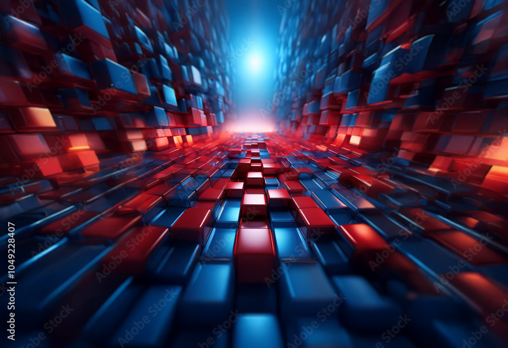 A perspective view of a hallway constructed of red and blue cubes that converge in the distance towards a bright light.