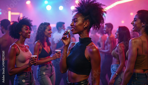 Young woman in the foreground holding a vape pen and exhaling smoke. She has dark skin and styled hair, wearing a black crop top. In the background disco lights illuminating a group of people.