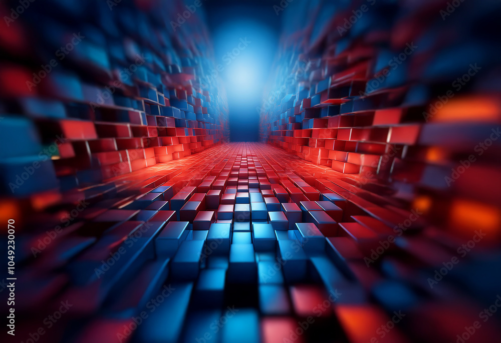 A futuristic, abstract tunnel lined with vibrant blue and red blocks. A bright light shines at the end of the tunnel. A futuristic, abstract tunnel lined with vibrant blue and red blocks. A bright light shines at the end of the tunnel.