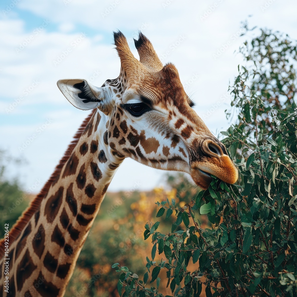 Obraz premium Majestic Giraffe Grazing in African Savanna: Wildlife Safari, Tall Animal Eating Leaves, Nature Photography, Lush Greenery, Blue Sky, Long Neck, Herbivore Scene