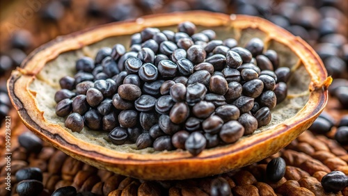 High angle high magnification image of black fungus colony on cacao seed