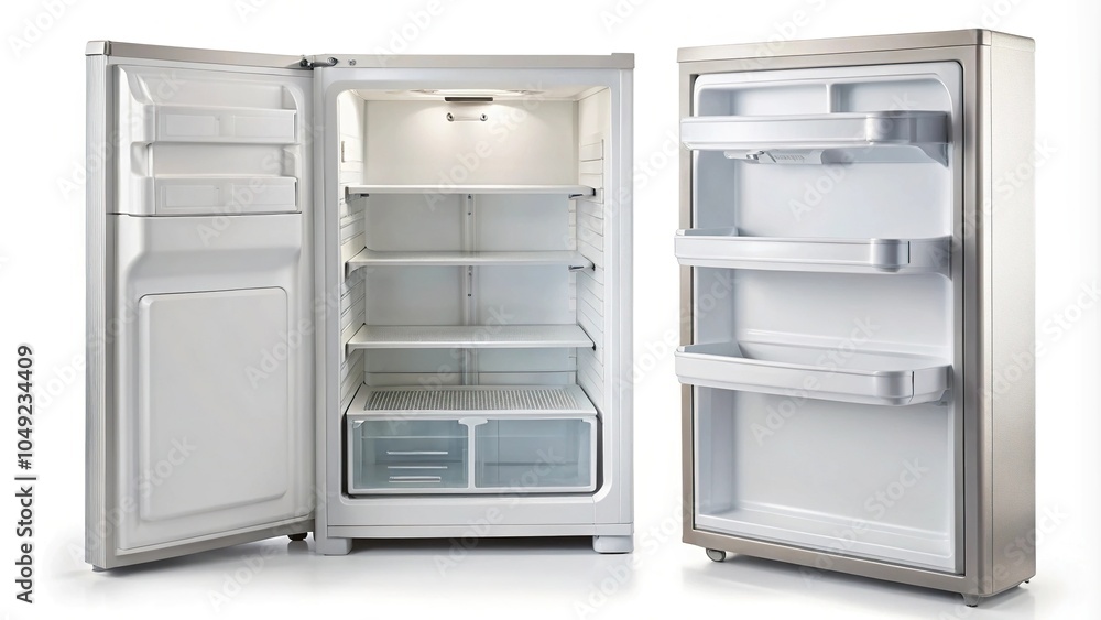 High angle view of a small refrigerator open and closed on white background High angle view of a small refrigerator open and closed on white background