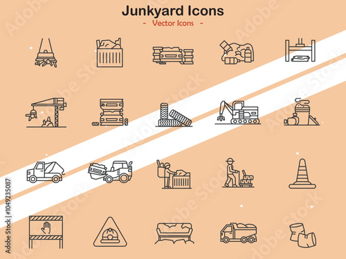 Icons depicting junkyard elements and recycling themes