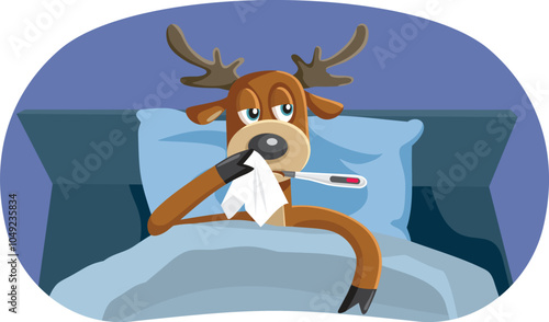 Sick Reindeer Sitting in Bed with Thermometer Vector Cartoon. Santa helper feeling unwell after catching the common cold 
