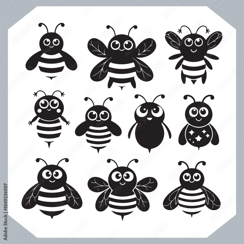 Obraz premium Bee simple logotype icon, Bee silhouette set collection, hand drawn Bee on white background