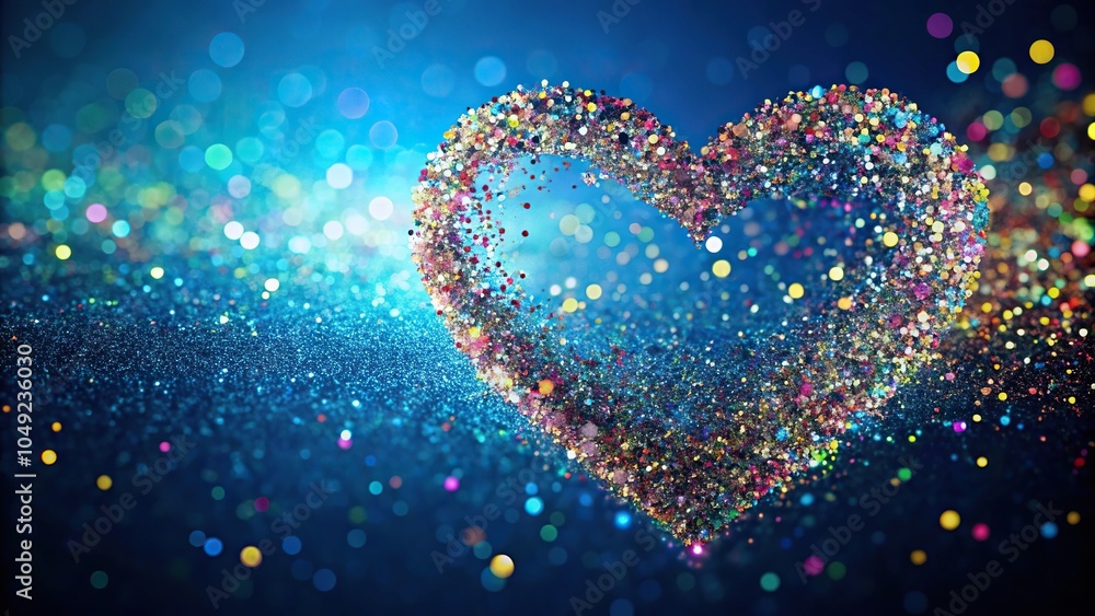 Macro image of a drawn heart made of multi colored sparkles on a blue background Macro image of a drawn heart made of multi colored sparkles on a blue background
