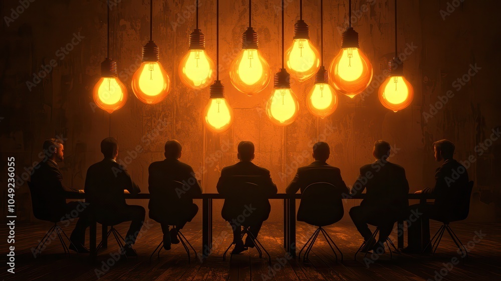 Illuminating the future a strategic meeting illuminated by vintage edison bulbs fostering innovative ideas and collaboration among business leaders Illuminating the future a strategic meeting illuminated by vintage edison bulbs fostering innovative ideas and collaboration among business leaders