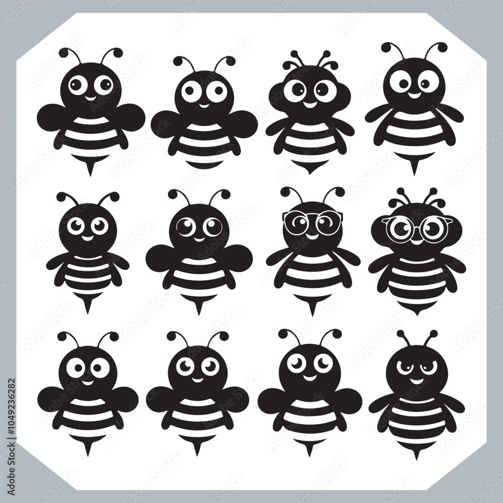 Obraz premium Bee simple logotype icon, Bee silhouette set collection, hand drawn Bee on white background