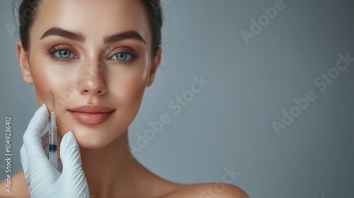 A close-up portrait of a smiling brunette woman showcasing natural beauty and fresh skincare in a clean studio setting