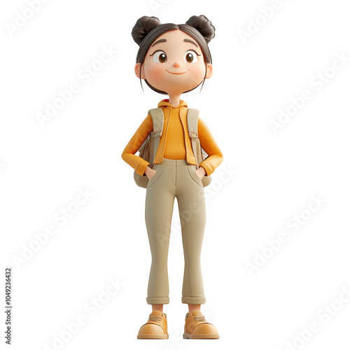 A cheerful animated girl stands confidently, wearing a stylish outfit suitable for outdoor adventures and exploration PNG isolated on transparent background, white background.