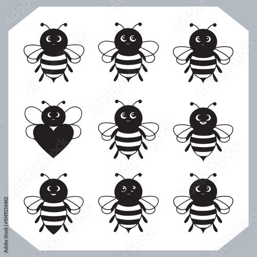 Bee simple logotype icon, Bee silhouette set collection, hand drawn Bee on white background