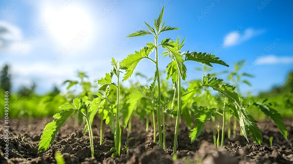 Lush green potato plants thriving in a bountiful field under a bright blue sky with fluffy white clouds Lush green potato plants thriving in a bountiful field under a bright blue sky with fluffy white clouds