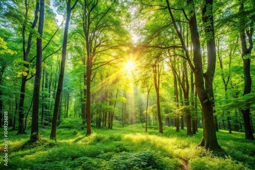 Medium shot of a bright summer background with green foliage in a forest scene