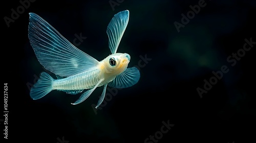 Majestic flying fish captured mid leap its extended pectoral fins in dynamic motion as it propels itself through the vibrant ocean waters photo