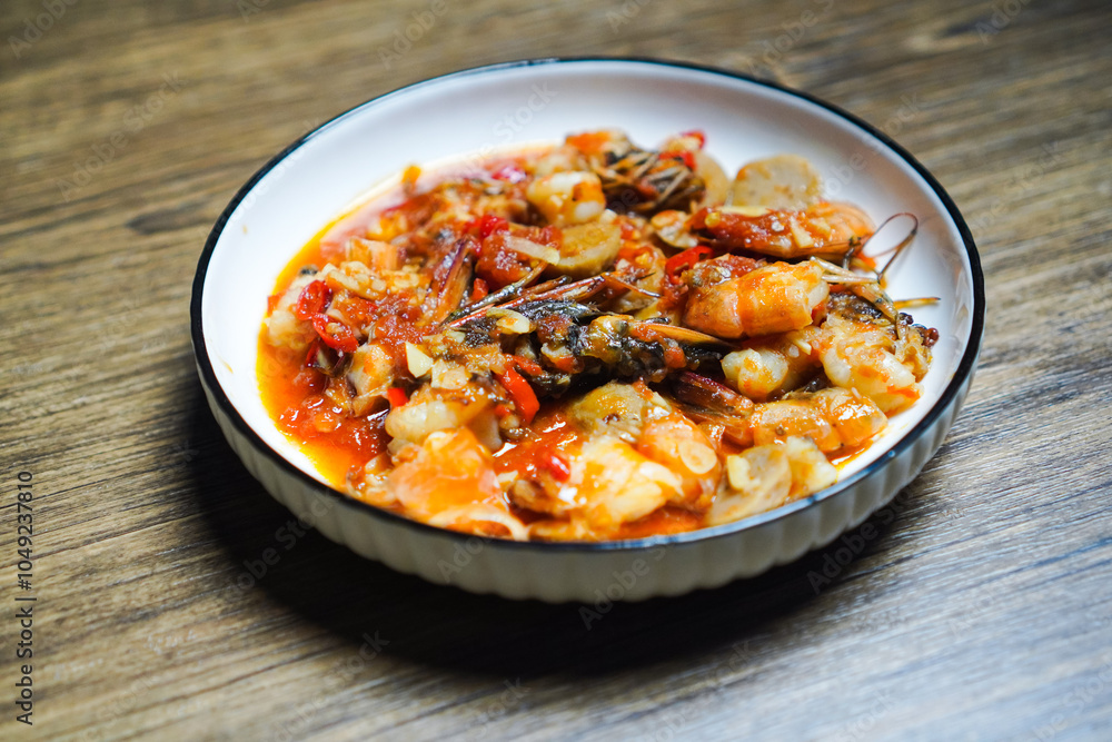 A plate of food with shrimp and red sauce A plate of food with shrimp and red sauce