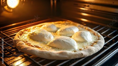 Melted mozzarella cheese bubbling and browning on top of a freshly baked pizza straight out of the oven The pizza dough is perfectly cooked with a crisp crust and a delicious tomato sauce base