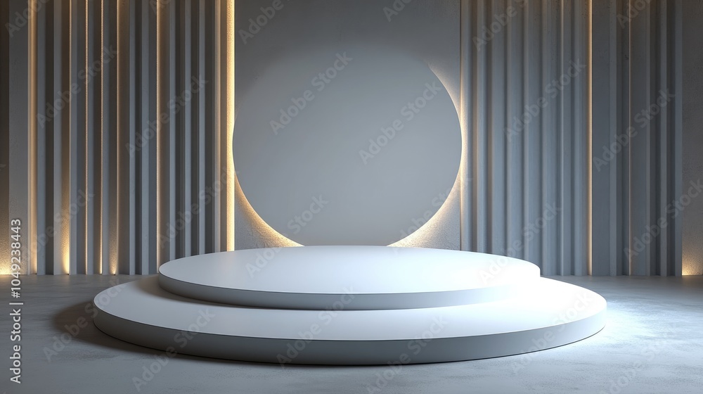 Fototapeta premium Circular Platform with Two Levels and a Backdrop of White Stripes and a Circular Light