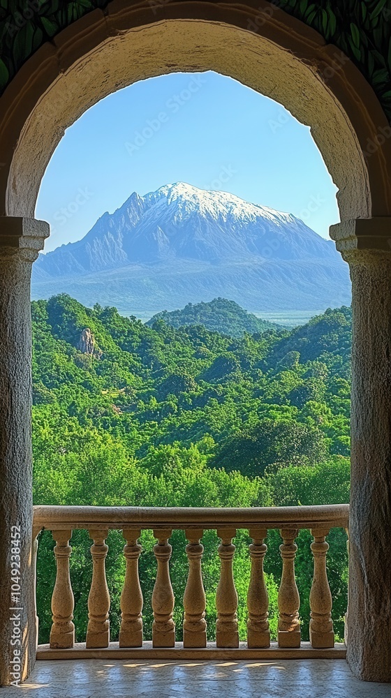 Stunning Mountain View from Arched Balcony with Lush Greenery and Snow-Capped Peak, Scenic Landscape, Travel Destination, Nature Photography, Serene Retreat Stunning Mountain View from Arched Balcony with Lush Greenery and Snow-Capped Peak, Scenic Landscape, Travel Destination, Nature Photography, Serene Retreat