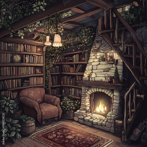 Cozy Library Nook with Fireplace and Bookshelves photo