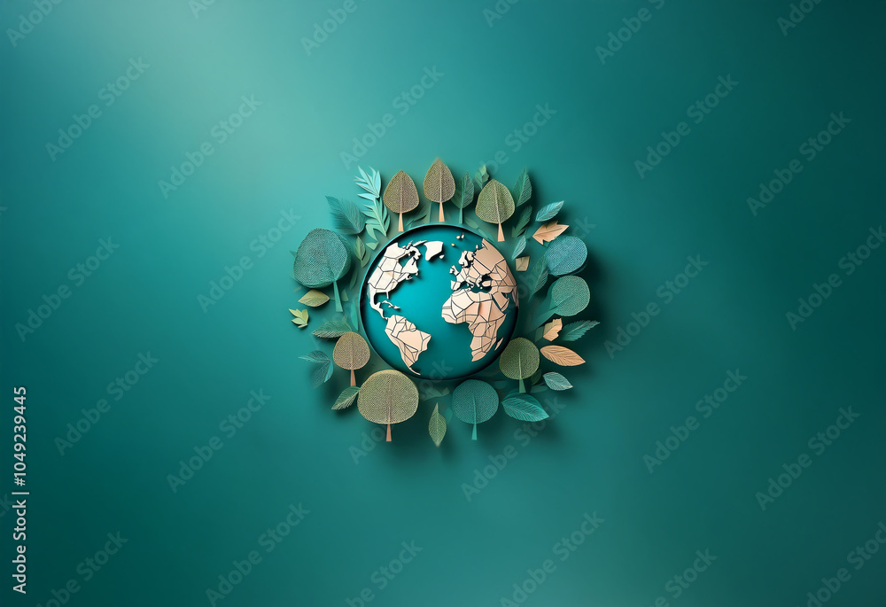 Fototapeta premium A paper globe surrounded by trees, leaves, and branches against a light green background.