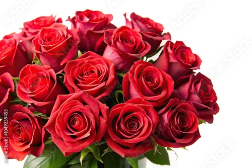 Aerial view of red rose bouquet on white background