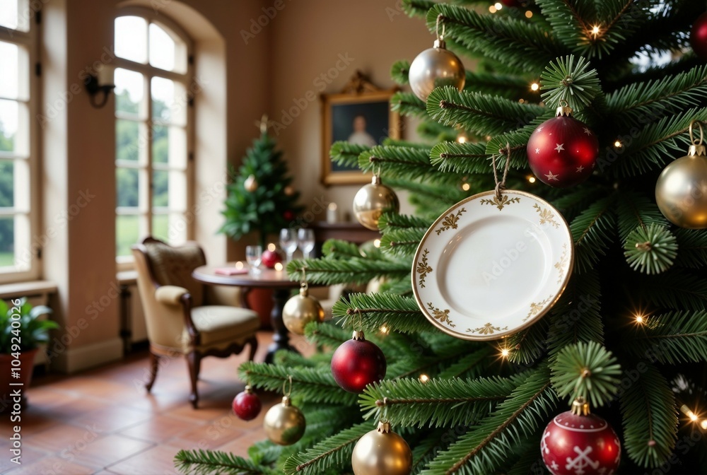 A Christmas tree is decorated in a living room with a plate A Christmas tree is decorated in a living room with a plate