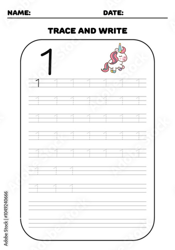 Trace and write practice math number 1 one for kids with unicorns