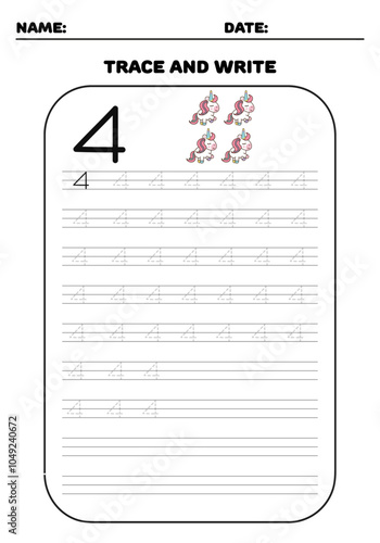 Trace and write practice math number 4 four for kids with unicorns