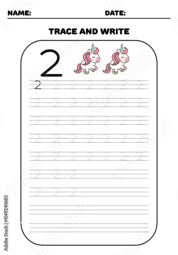 Trace and write practice math number 2 two for kids with unicorns