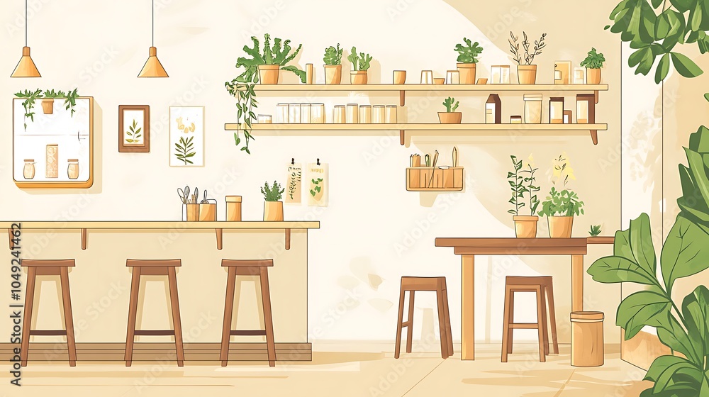 Obraz premium A hand-drawn style scene of a cozy kitchen, with shelves, potted plants, and rustic furniture, created with soft lines and warm color tones for a welcoming feel 