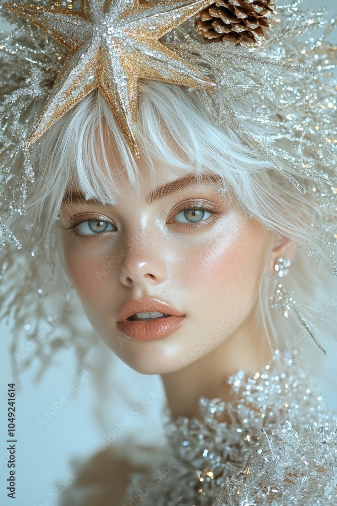 Ethereal Winter Goddess with Glittering Headpiece and Frosted Elegance Ethereal Winter Goddess with Glittering Headpiece and Frosted Elegance