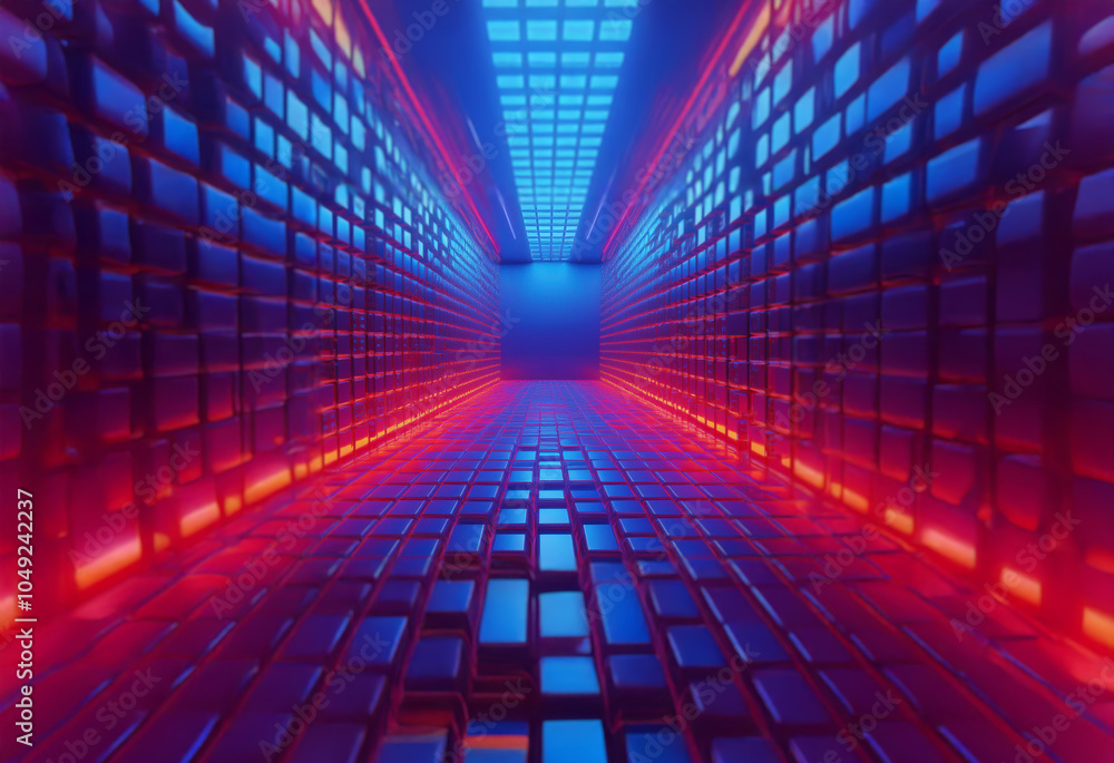 A futuristic, neon-lit corridor with blue and red lights, creating a sense of depth and perspective. A futuristic, neon-lit corridor with blue and red lights, creating a sense of depth and perspective.