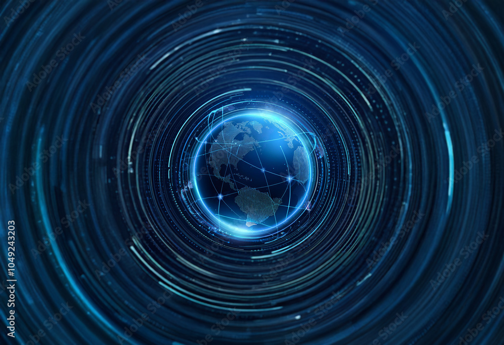 Obraz premium A glowing blue globe surrounded by concentric circles of light and data, representing the interconnectedness of the world.