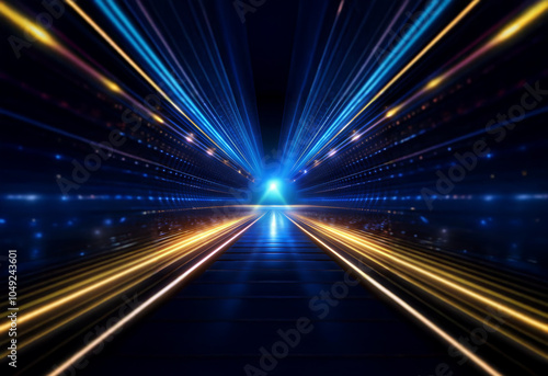 A dark, abstract, futuristic tunnel with bright blue, white, and yellow light streaks converging in the distance.