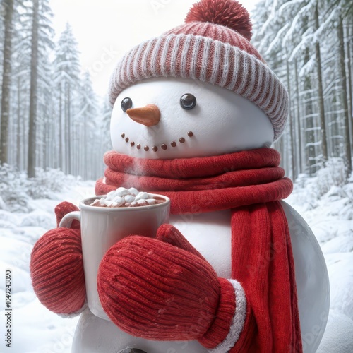 A cheerful snowman dressed in a red hat, scarf, and mittens holds a steaming mug of hot chocolate topped with marshmallows photo