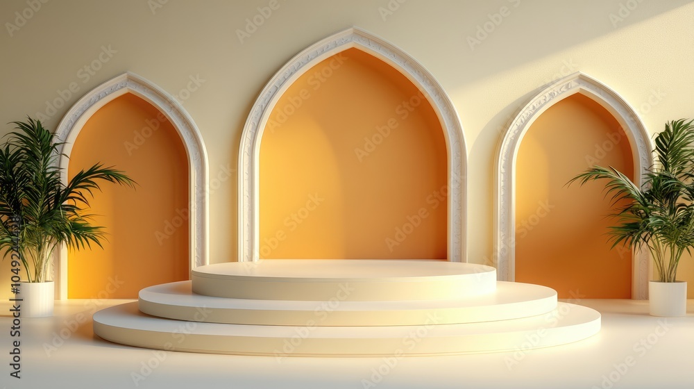 Fototapeta premium Three White Arches With a Three-Tiered White Circular Podium