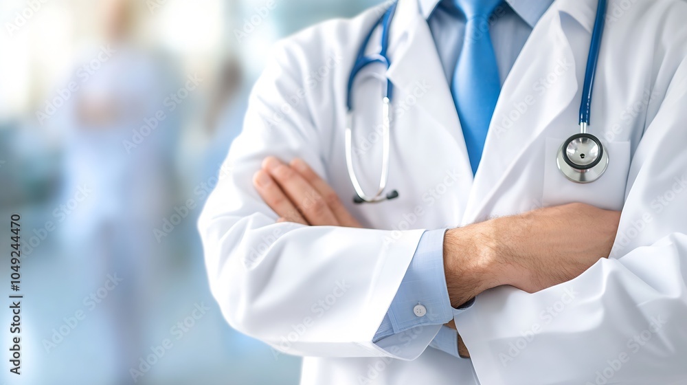 Confident Doctor with Stethoscope Standing with Arms Crossed in Hospital : Generative AI Confident Doctor with Stethoscope Standing with Arms Crossed in Hospital : Generative AI