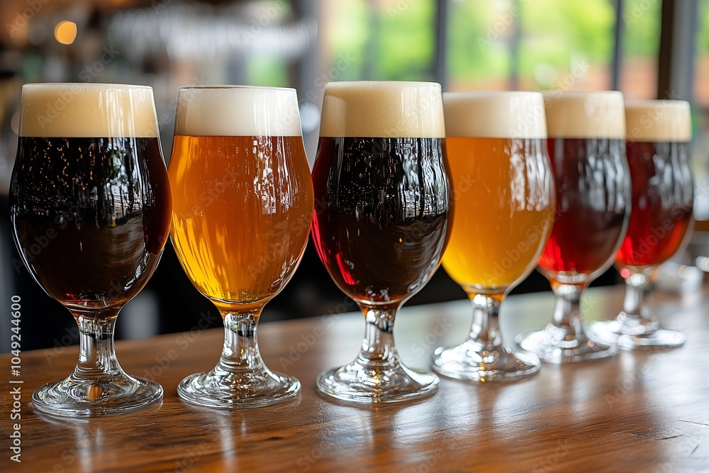 A colorful array of craft beers lined up on a wooden table in a cozy brewery setting A colorful array of craft beers lined up on a wooden table in a cozy brewery setting