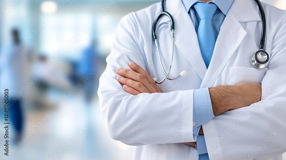 Doctor with stethoscope and folded arms standing confidently in healthcare environment : Generative AI Doctor with stethoscope and folded arms standing confidently in healthcare environment : Generative AI