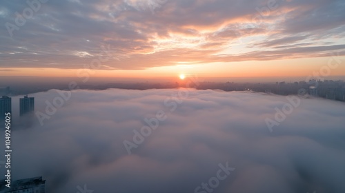 Golden Sunrise Illuminates CloudCovered Urban Landscape Offering a Peaceful City View : Generative AI photo