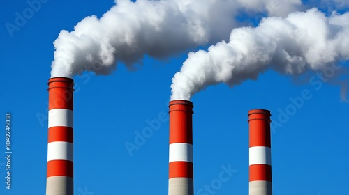 Industrial Red White Chimneys Against Blue Sky Signifying Air Pollution and Environmental Concerns : Generative AI