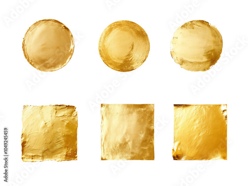 Set of 6 gold foil and gold paint shapes circles and squares png transparent background 